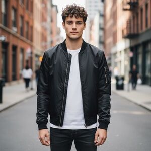 🌻NEW w/tag Label Go-To Bomber Jacket Black Nylon Zip Front Long Sleeve Size S